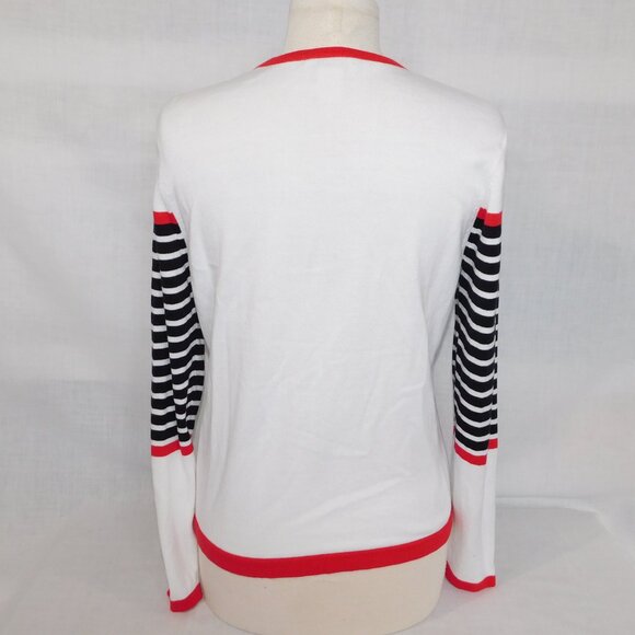 Northern Reflections Women M White Cardigan Sweater Red Navy Blue Striped detail - Picture 8 of 10